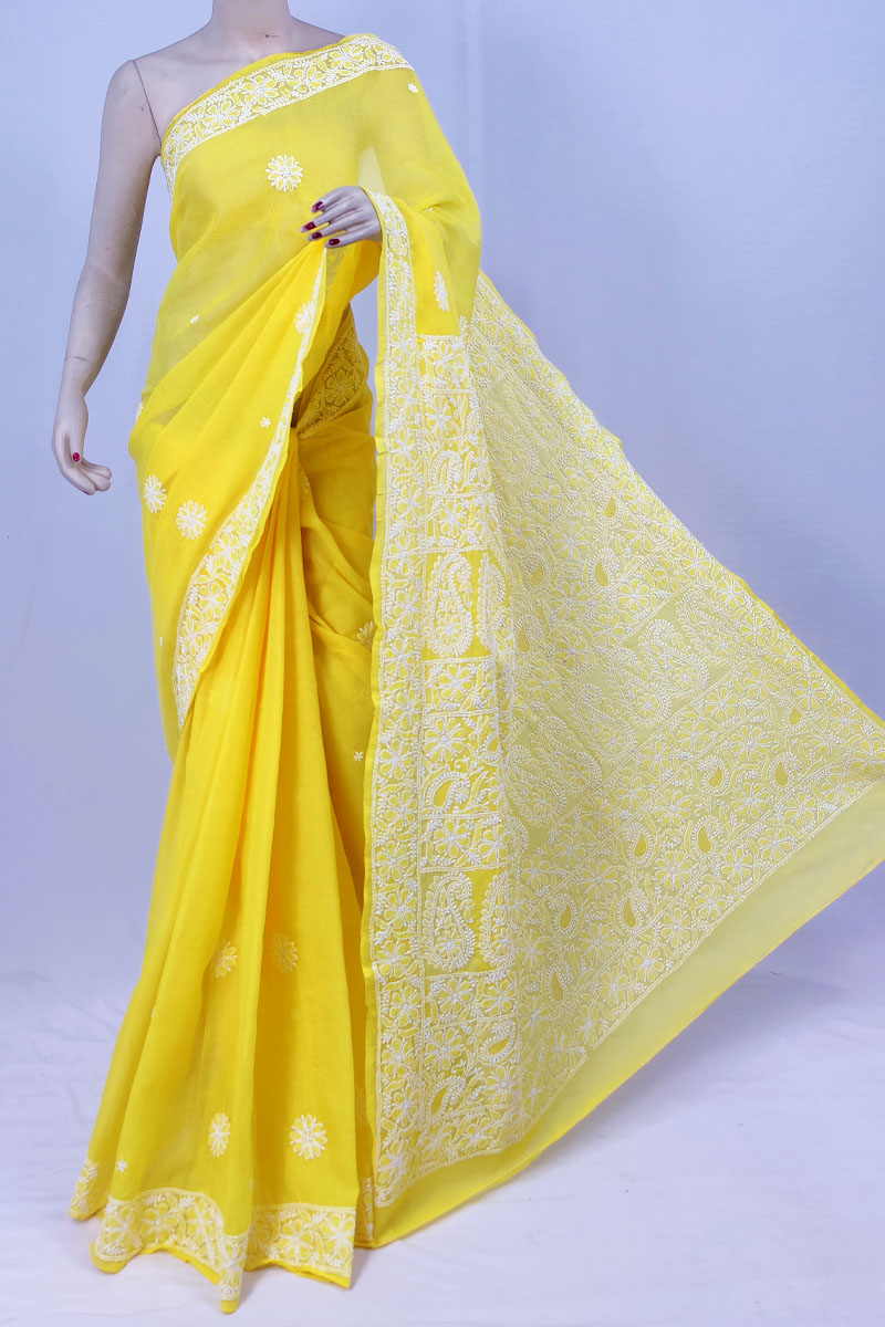 Yellow Color Cotton Lucknowi Chikankari Saree With Blouse MC253320