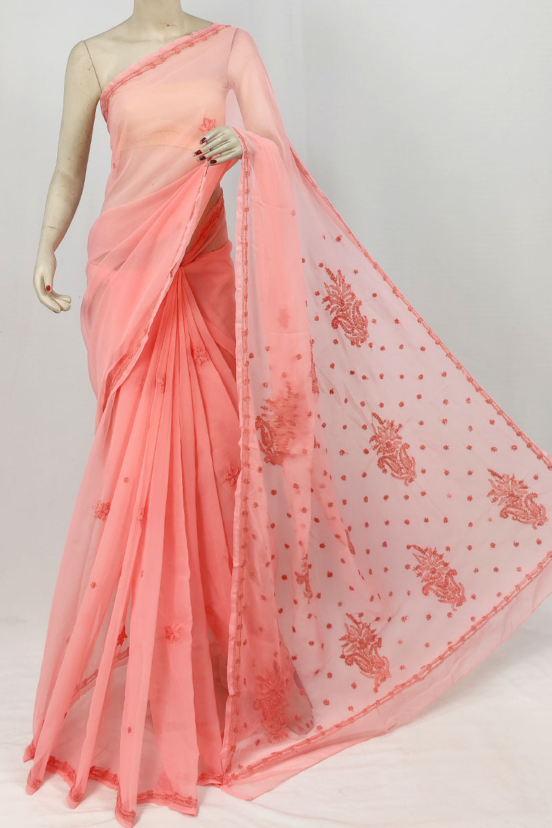 Peach Color Georgette Designer Lucknowi Chikankari Saree With Blouse MC253316