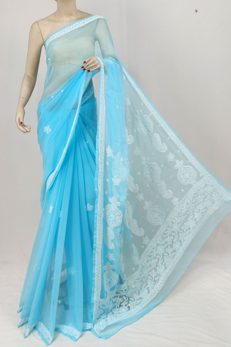 Sky Blue Color Georgette Designer Lucknowi Chikankari Saree With Blouse MC253317