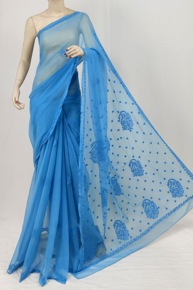 Blue Color Georgette Designer Lucknowi Chikankari Saree With Blouse MC253318