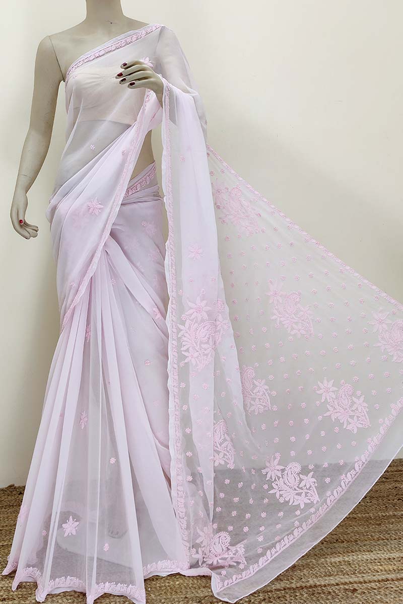 Pink Color Hand Embroidered Lucknowi Chikankari Saree (With Blouse - Georgette) MC252405