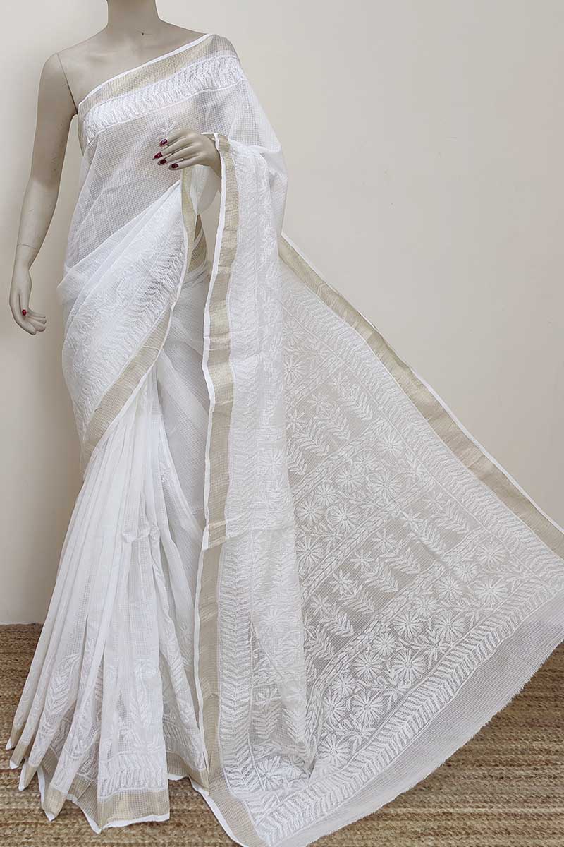 White color Kota cotton Hand Embroidered Tepchi Work Lucknowi Chikankari Saree (With Blouse - Cotton) MC253012