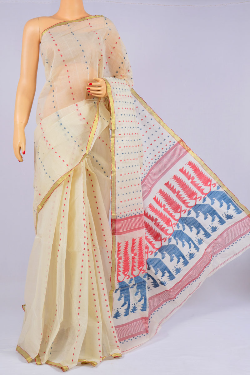 Lime White Color Handwoven Bengal Handloom Pure Cotton Tant Saree (without Blouse) - MC250169