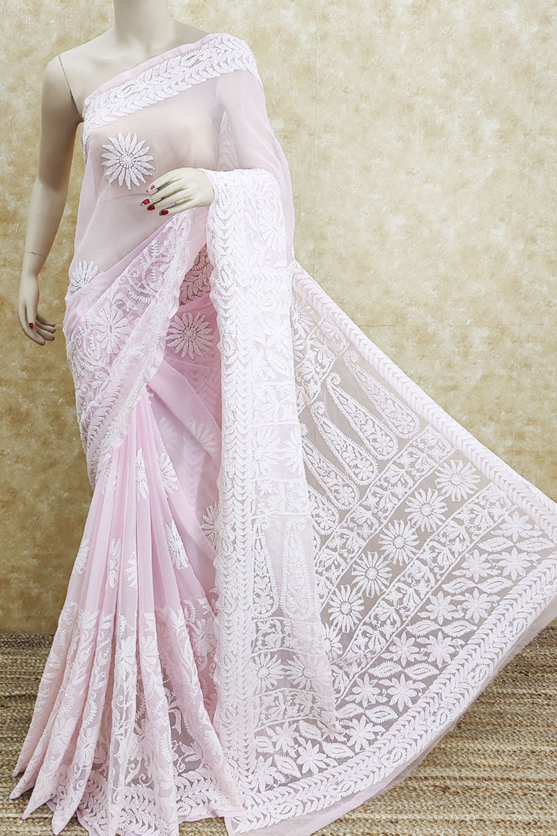 Buy Baby Pink Desiner Hand Embroidered Lucknowi Chikankari Saree ( With  Blouse - Georgette ) MC251767