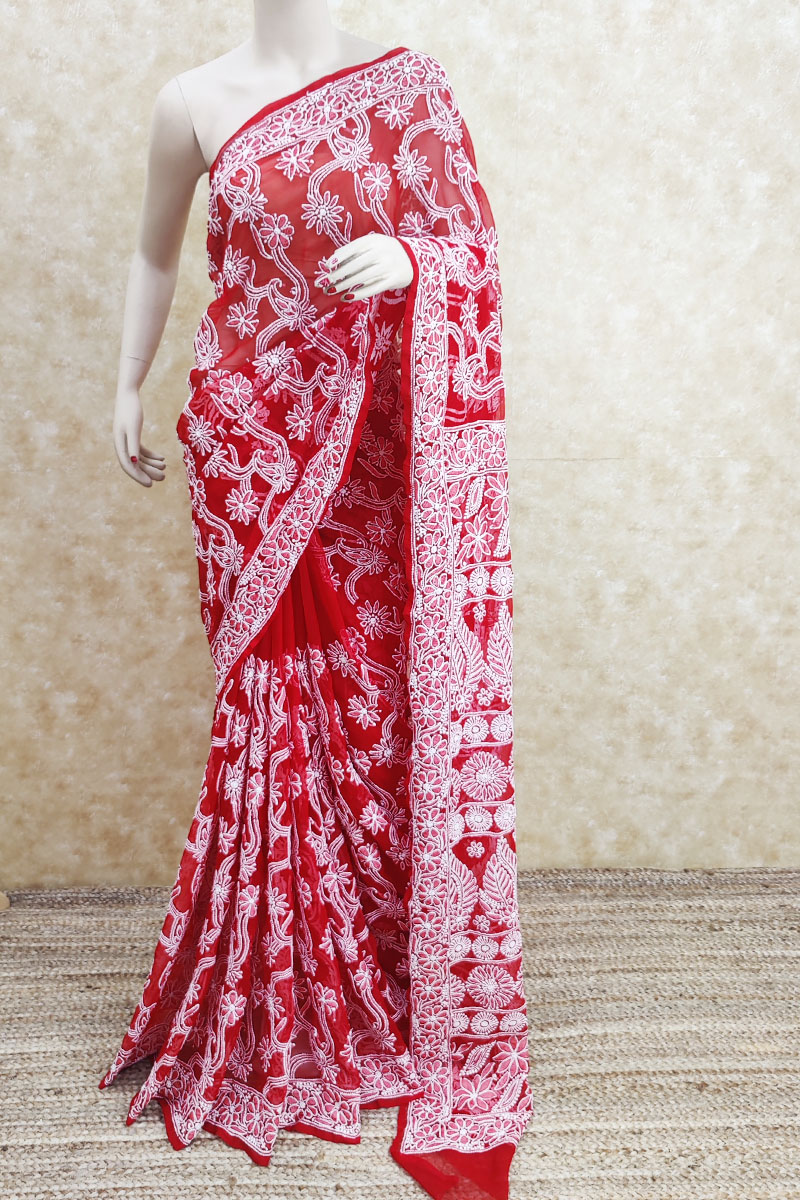 Buy Red Color Designer Hand Embroidered Lucknowi Chikankari Saree (With  Blouse - Georgette) MC252280