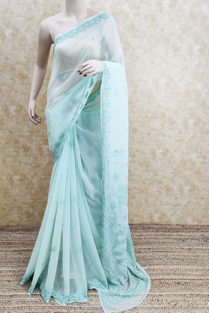 Mint Green Saree with Beaded Pallu & Matching Embroidered Blouse - Seasons  India