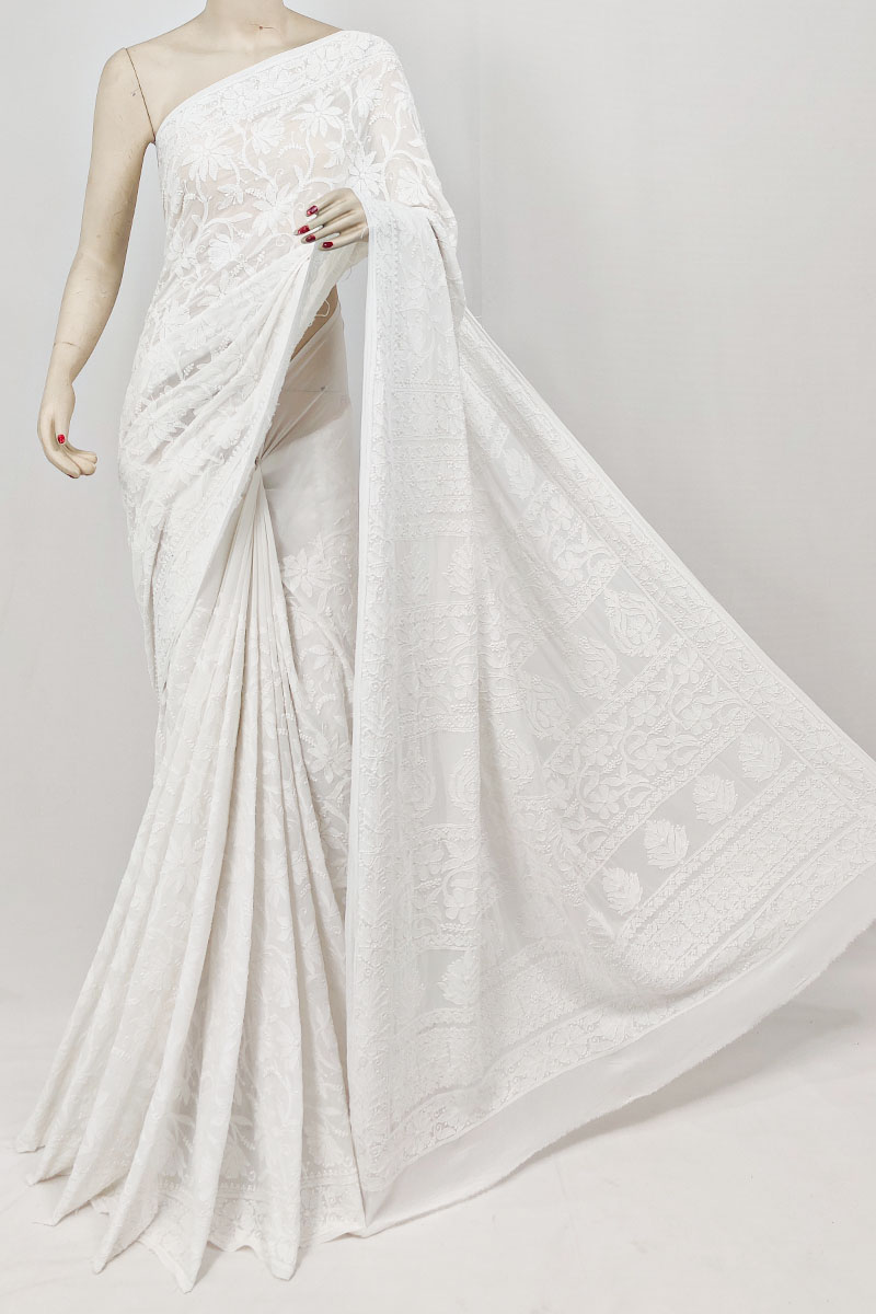 White Georgette Allover Lucknowi Chikankari Saree With Blouse MC253259
