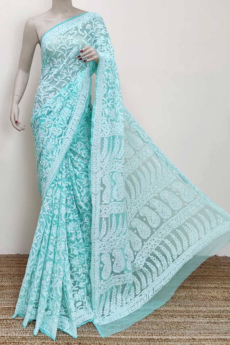 Sea green Color Allover Hand Embroidered Lucknowi Chikankari Saree (With Blouse - Georgette) MC252972