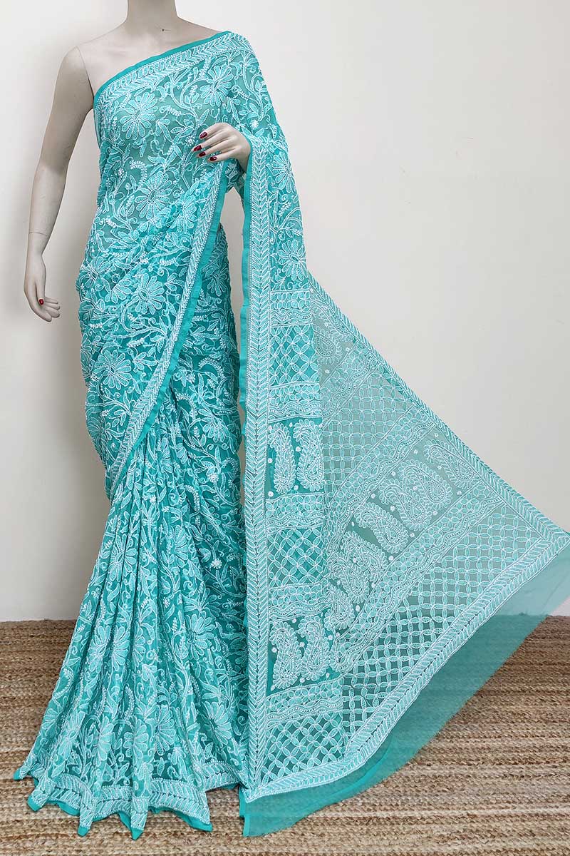 Teel green Color Allover Hand Embroidered Lucknowi Chikankari Saree (With Blouse - Georgette) MC252973