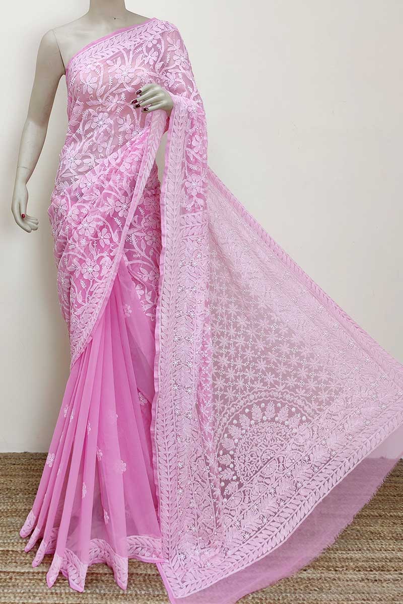 Onion Pink color Designer Hand Embroidered Half Jaal Lucknowi Chikankari Saree (With Blouse - Georgette) MC252974