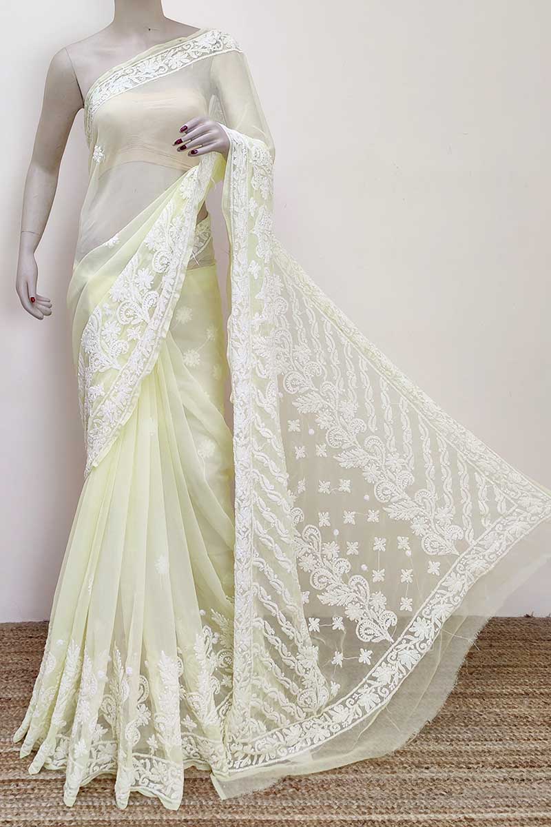 Lemon color Designer Hand Embroidered Lucknowi Chikankari Saree (With Blouse - Georgette) MC252976