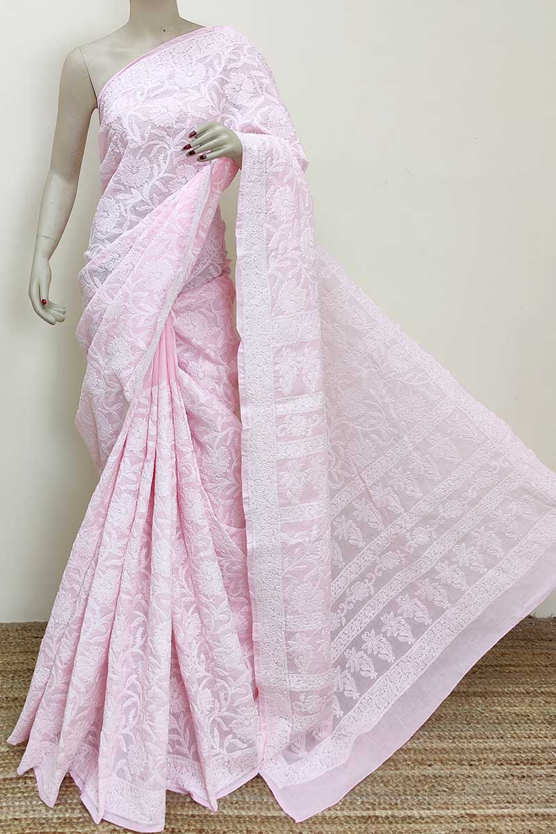 Pink Colour Cotton Allover Hand Embroidered Lucknowi Chikankari Saree (with Blouse) MC252977