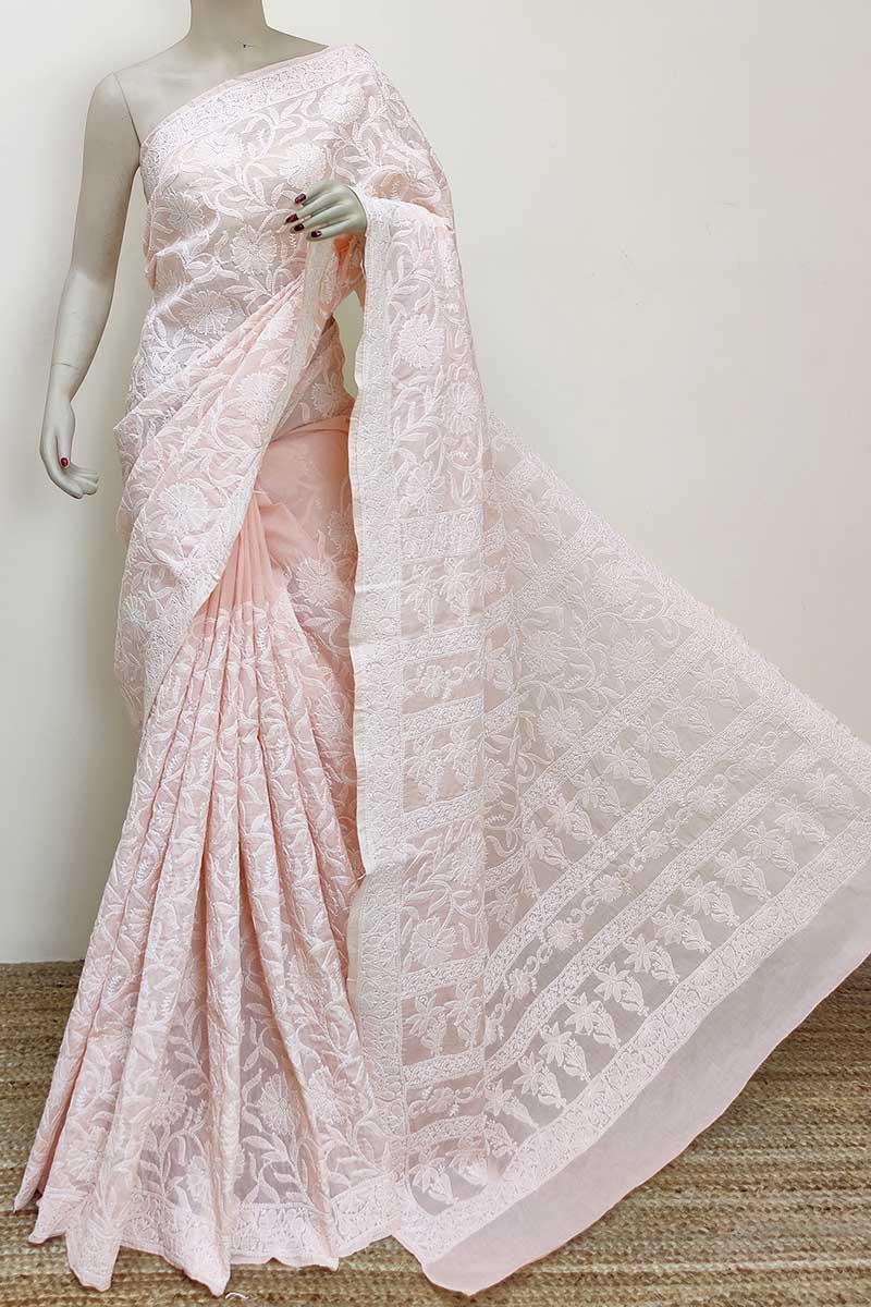 Peach Colour Cotton Allover Hand Embroidered Lucknowi Chikankari Saree (with Blouse) MC252978