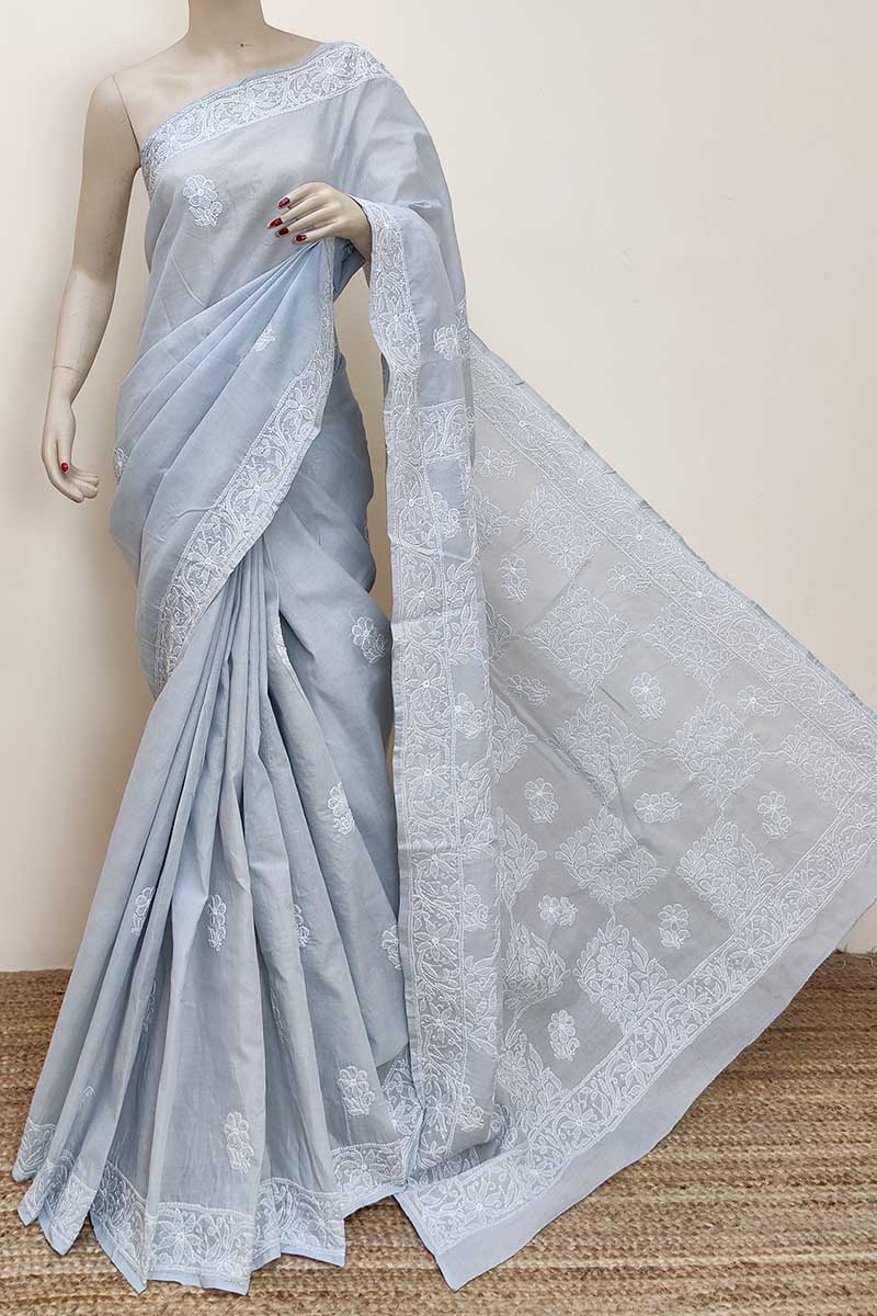 Grey Color Hand Embroidered Cotton Lucknowi Chikankari Saree (with Blouse) MC252979