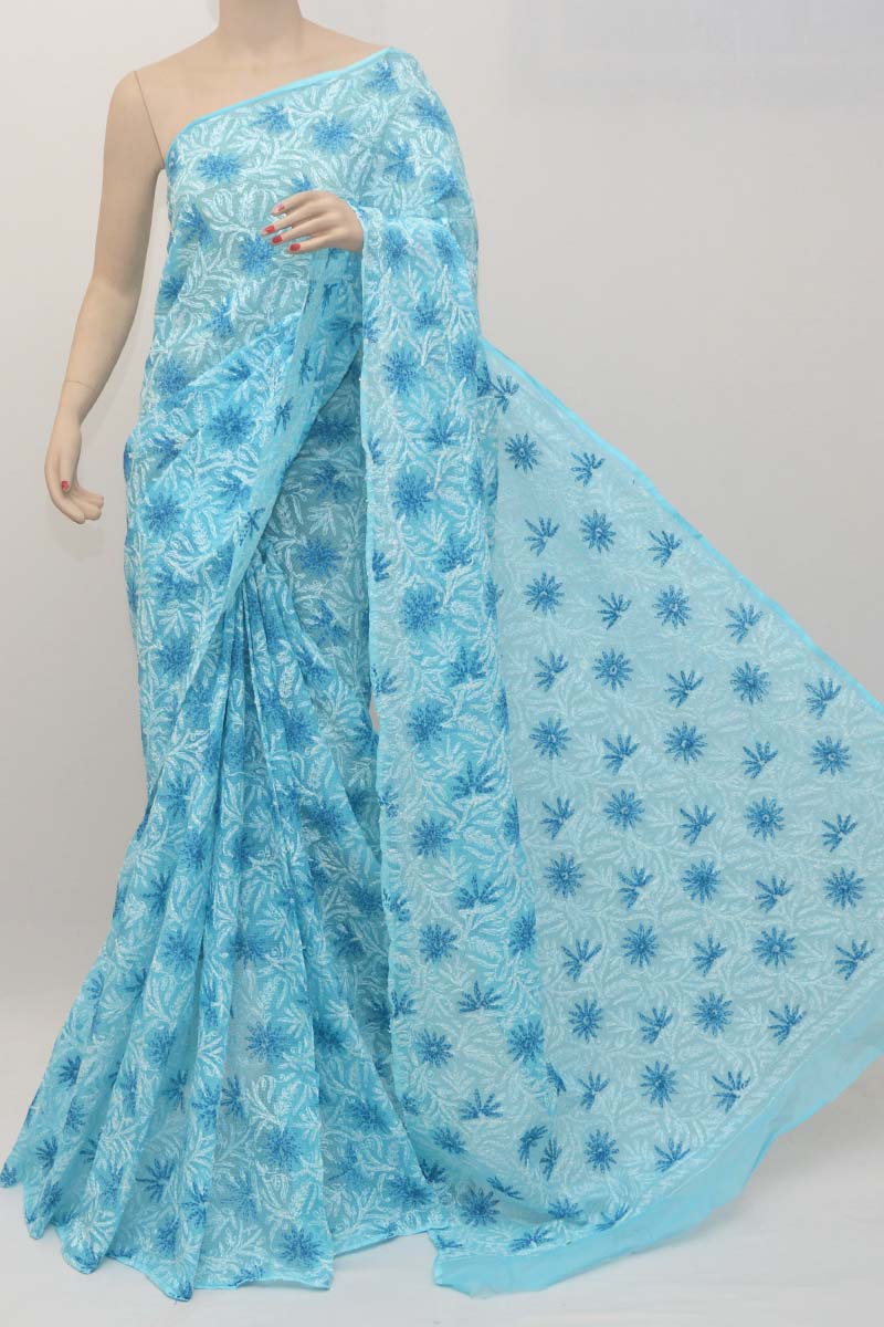Blue Color Kota Cotton Tepchi Work Hand Embroidered Lucknowi Chikankari Saree (Without Blouse) PU251173