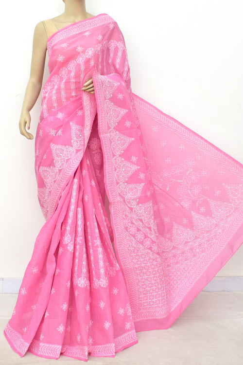 Pink Color Hand Embroidered Lucknowi Chikankari Saree (With Blouse - Cotton) 14791