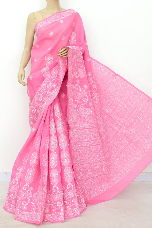 Pink Color Hand Embroidered Lucknowi Chikankari Saree (with Blouse - Cotton) 14800