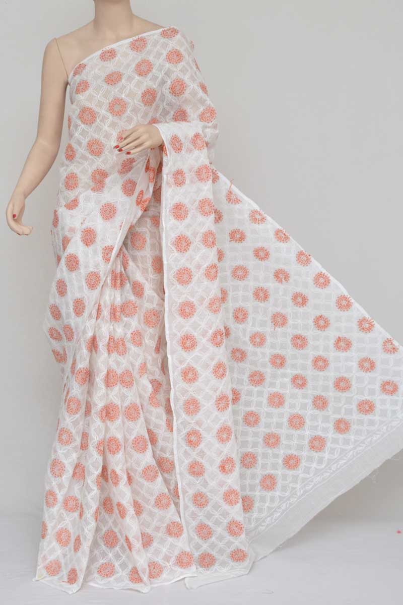 White Color Hand Embroidered Kota Cotton Lucknowi Chikankari Saree (Without Blouse) KC250865
