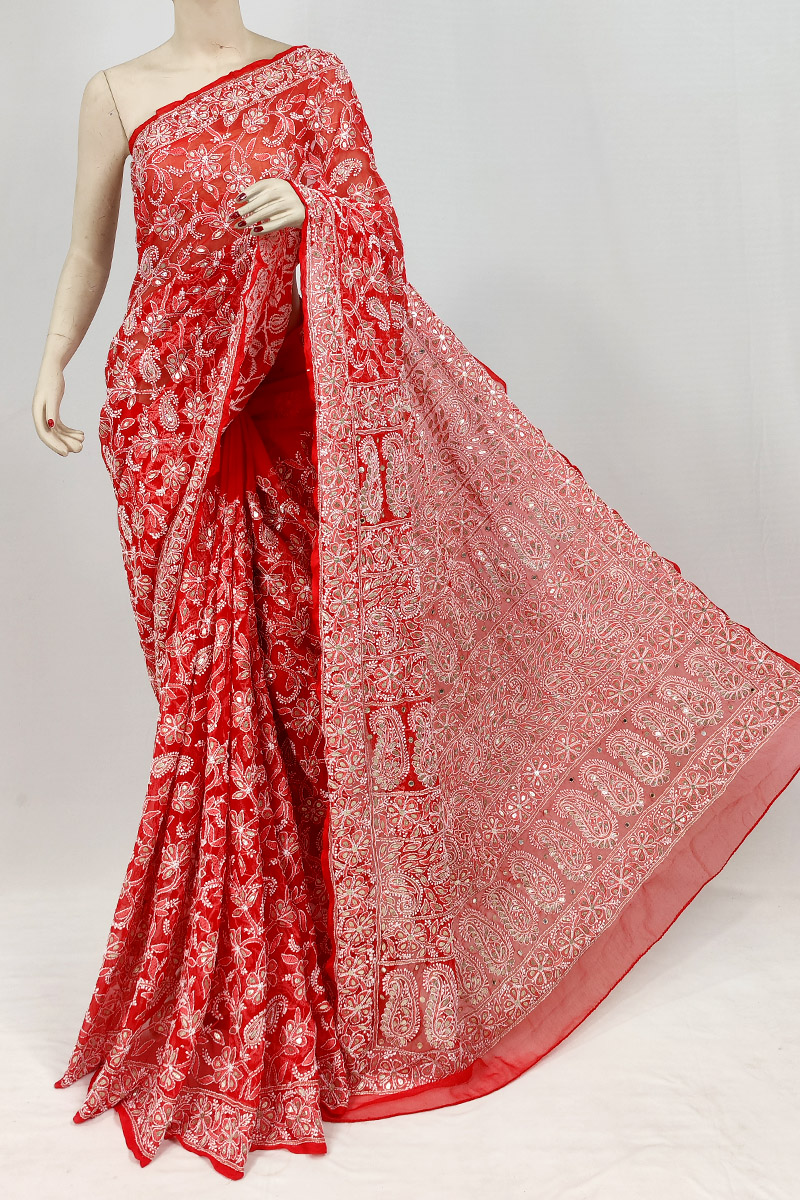 Red Colour Georgette Lucknowi Chikankari Saree With Blouse With Gota Patti Work Mc253123