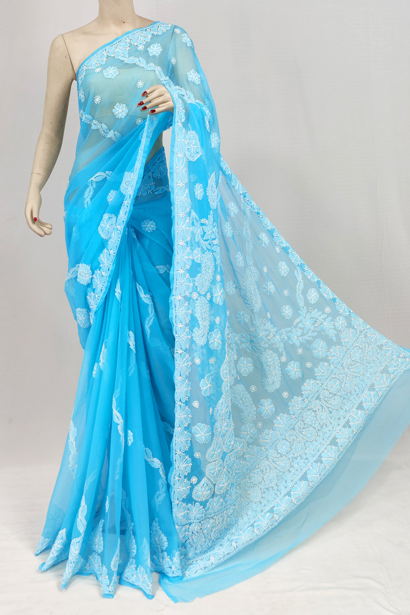 Blue Colour Georgette Chikankari Saree With Blouse Mc253124