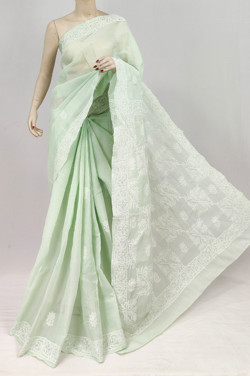 Mint Green Colour Cotton Chikankari Saree With Blouse Mc253126