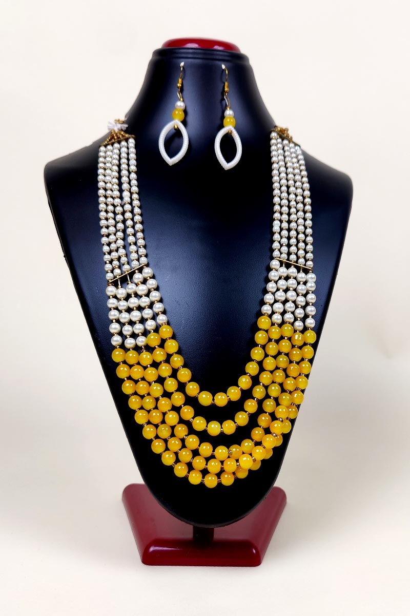 Yellow & White Color Beaded Layered Necklace with a Dangle Earings MC252644