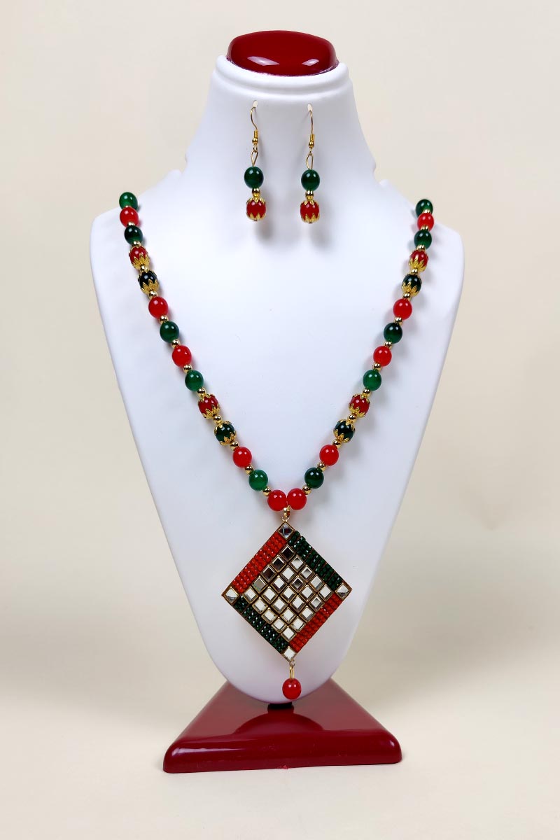 Multi Color Neckpiece Pearl Plated Pendant work and Beaded Chains and with a pair of Dangle Earrings MC252650