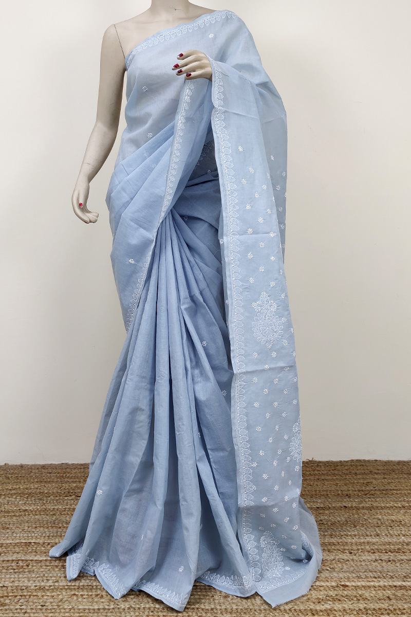 Grey color Cotton Hand Embroidered Work Lucknowi Chikankari Saree With Blouse MC252704