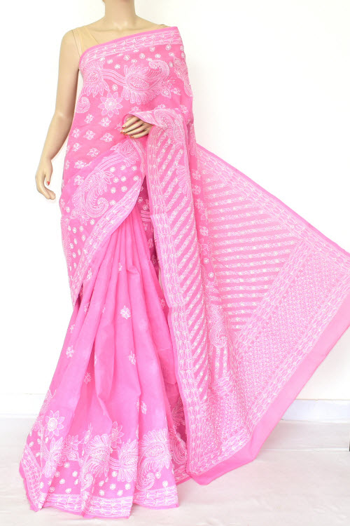 Pink Hand Embroidered Lucknowi Chikankari Saree (Cotton-With Blouse) 14775