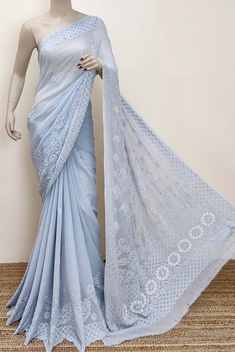 Grey Color Hand Embroidered Lucknowi Chikankari Saree with sequence pearl work (With Blouse - Viscose ) MC252859