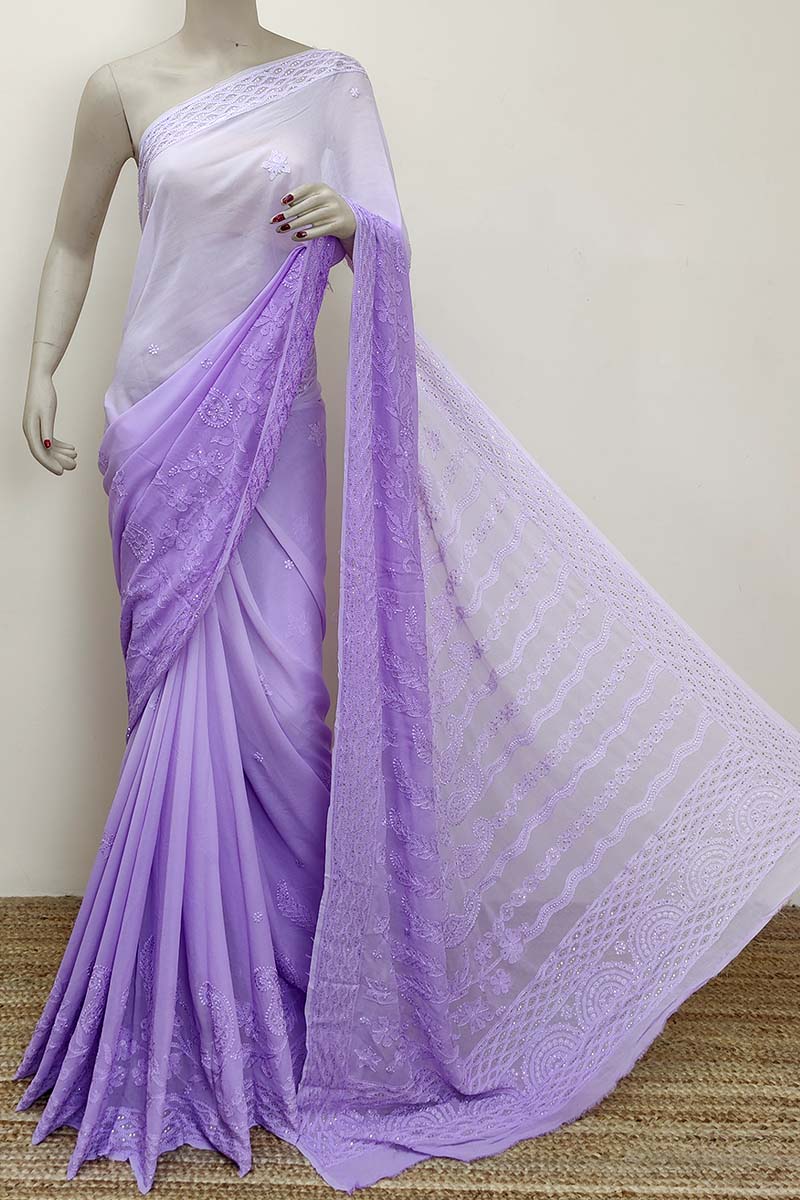 Shaded Lavender Color  Hand Embroidered Lucknowi Chikankari Saree with mukaish work (With Blouse - Viscose ) MC252860