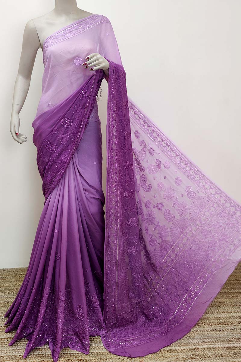 Shaded Purple Color  Hand Embroidered Lucknowi Chikankari Saree with mukaish work (With Blouse - Viscose ) MC252861