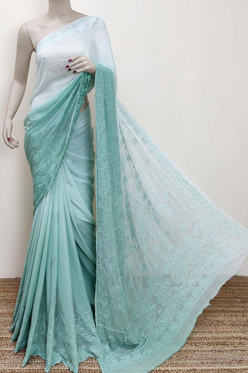 Shaded Mint Green Color  Hand Embroidered Lucknowi Chikankari Saree with mukaish work (With Blouse - Viscose ) MC252862