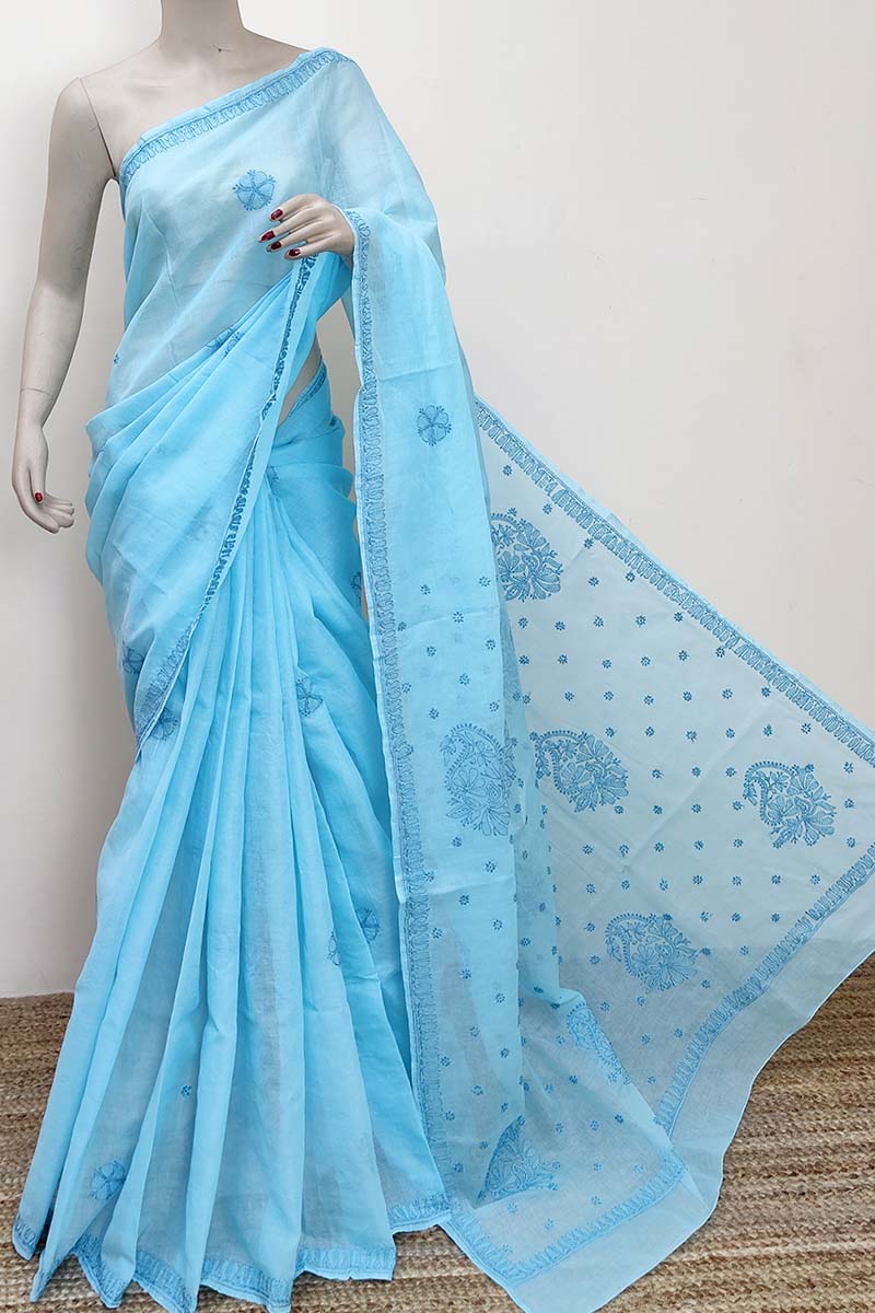 Grey Color Hand Embroidered Cotton Lucknowi Chikankari Saree (with Blouse) MC252856