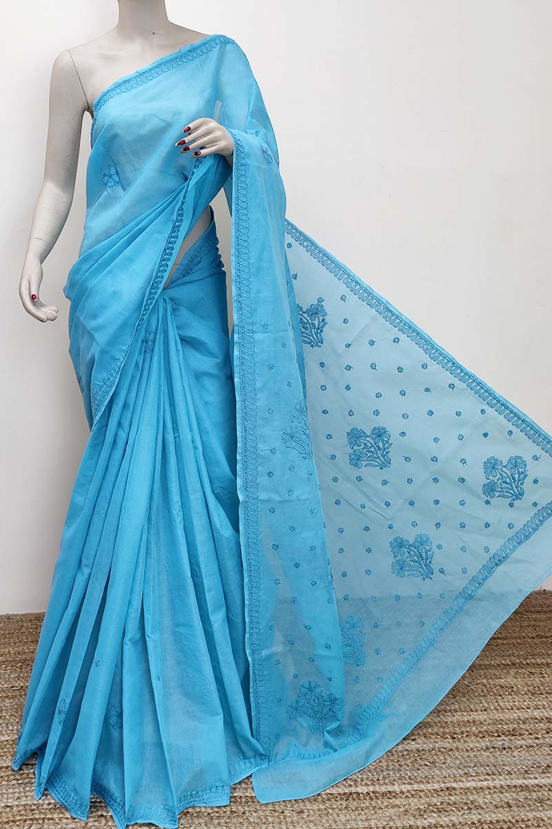 Teel Blue Color Hand Embroidered Cotton Lucknowi Chikankari Saree (with Blouse) MC252857