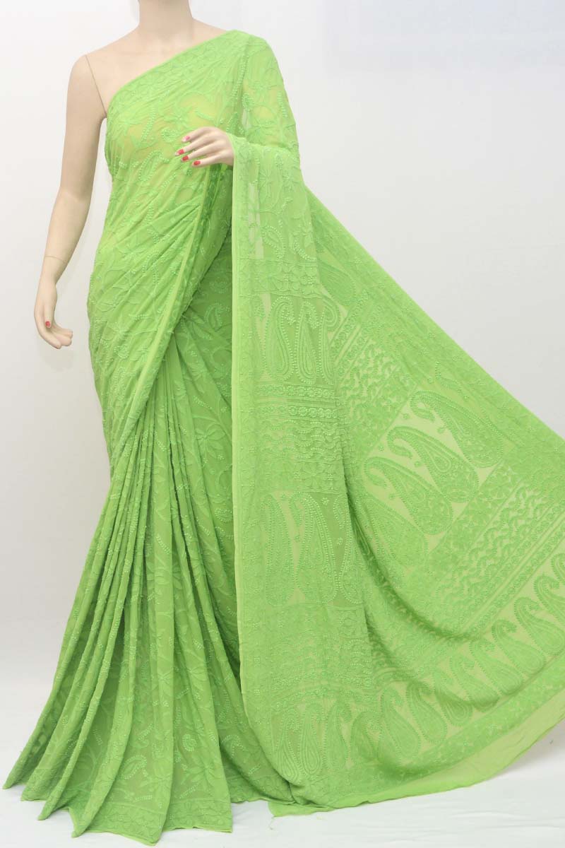 Green Color Hand Embroidered Allover Lucknowi Chikankari Saree (With Blouse - Viscose Georgette) 