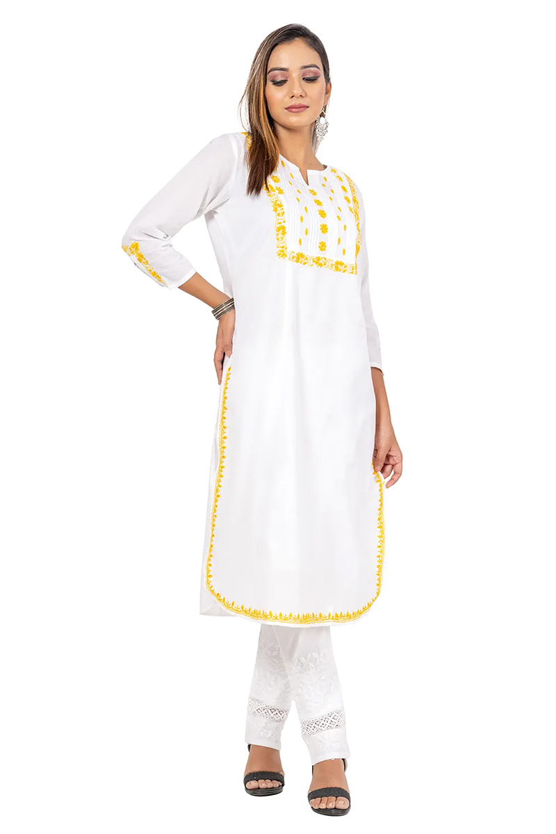 White yellow Color Hand Embroidered Lucknowi Chikankari long kurti (Cotton) MC252455