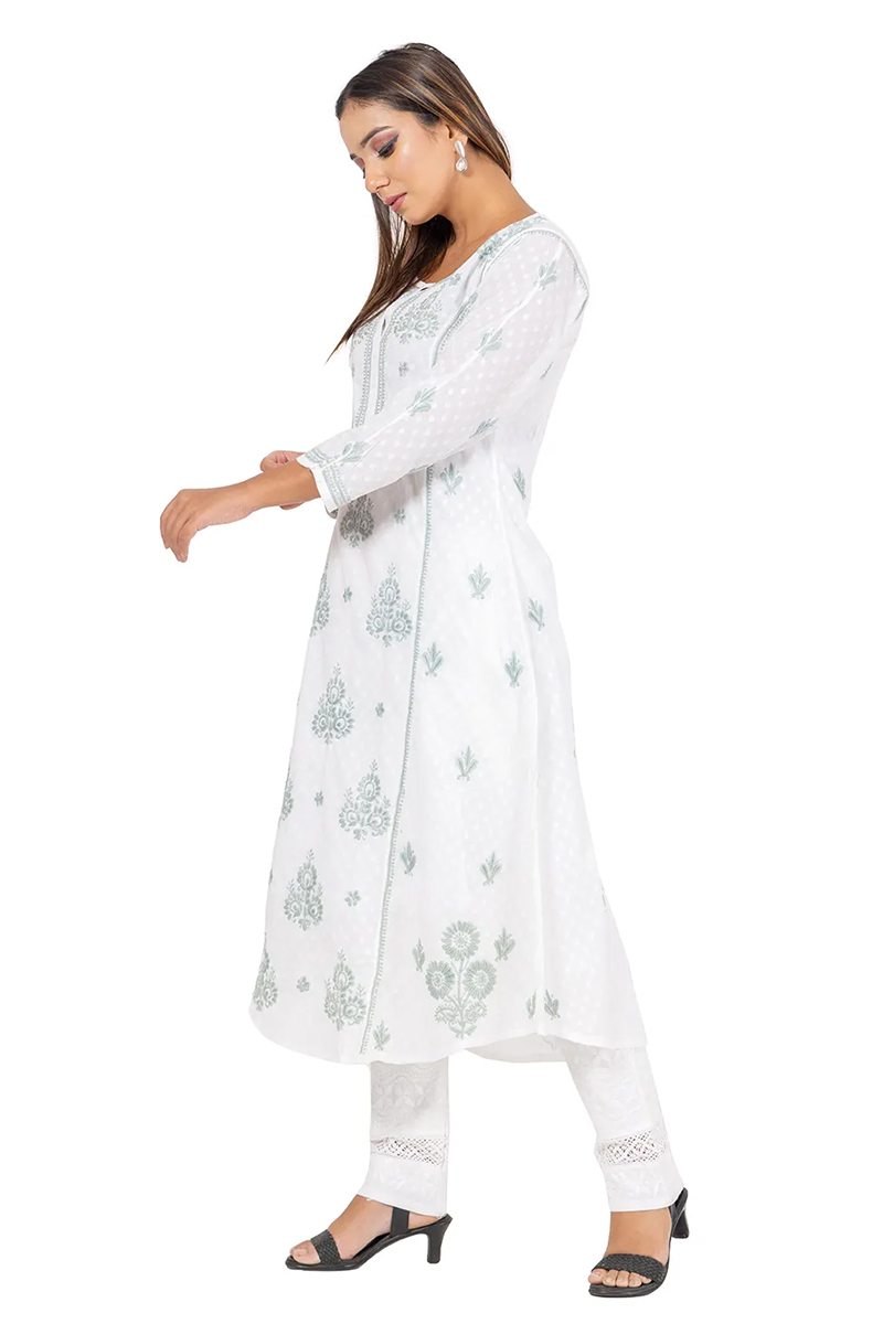 Buy Blue Hand Embroidered Lucknowi Chikankari Long Kurti (Cotton) Bust-42  inch 13722