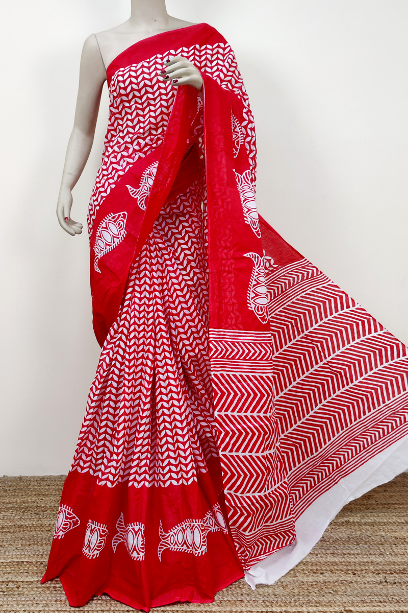 Red Colour Bengoal Handloom Mulmul Cotton Saree (Without Blouse) MC252712