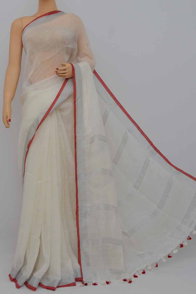 Self Design Bollywood Linen White Saree