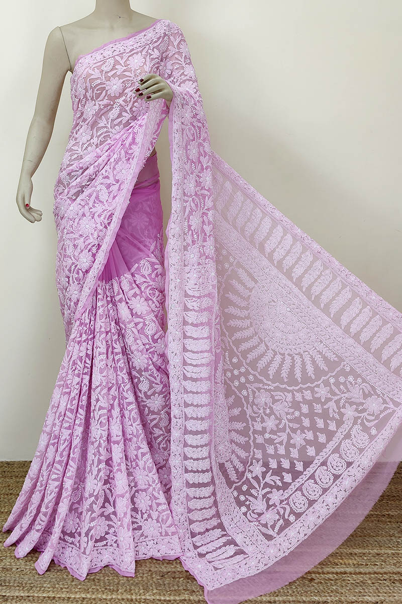 Light Onion Color Allover Hand Embroidered Lucknowi Chikankari Saree (With Blouse - Georgette) MC252315