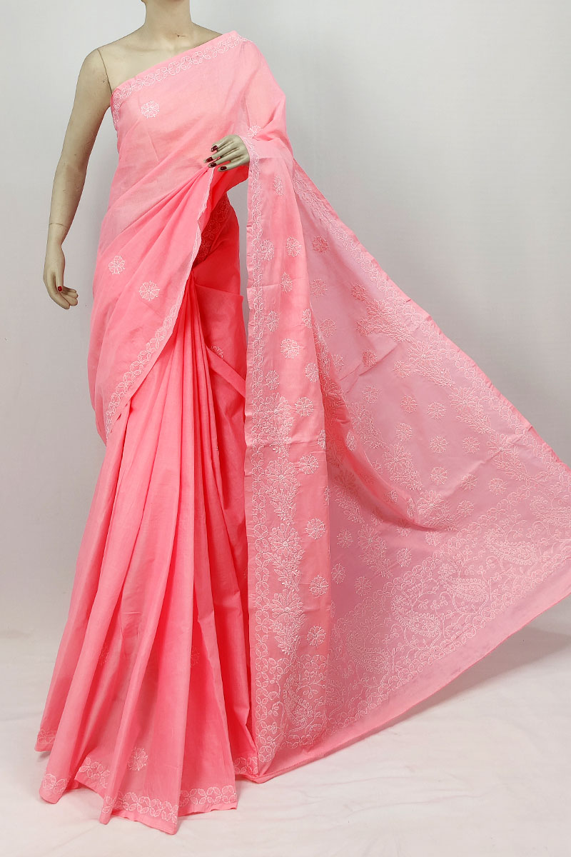Pink Color Cotton Lucknowi Chikankari Saree With Blouse MC253262