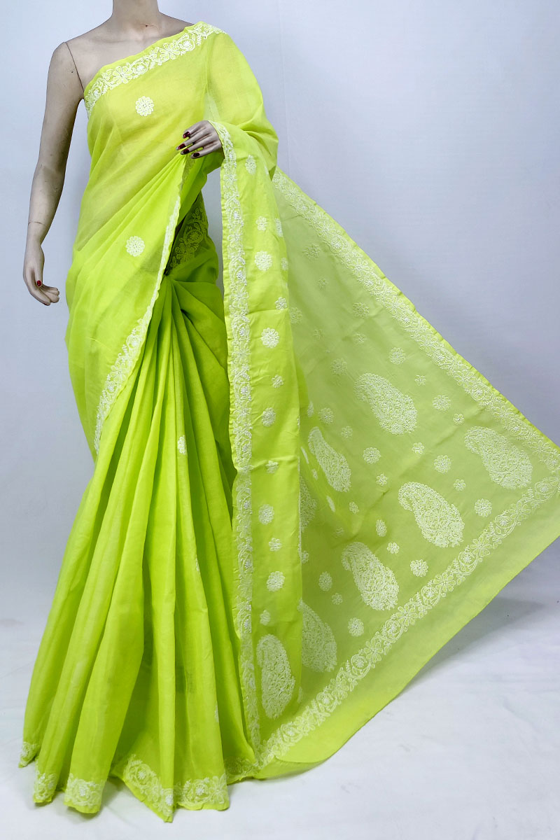 Light Green Color Cotton Lucknowi Chikankari Saree With Blouse MC253266
