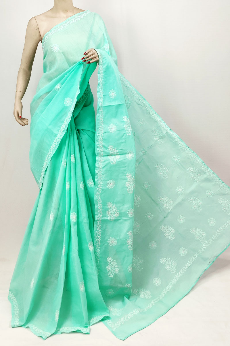 Sea Green Color Cotton Lucknowi Chikankari Saree With Blouse MC253268