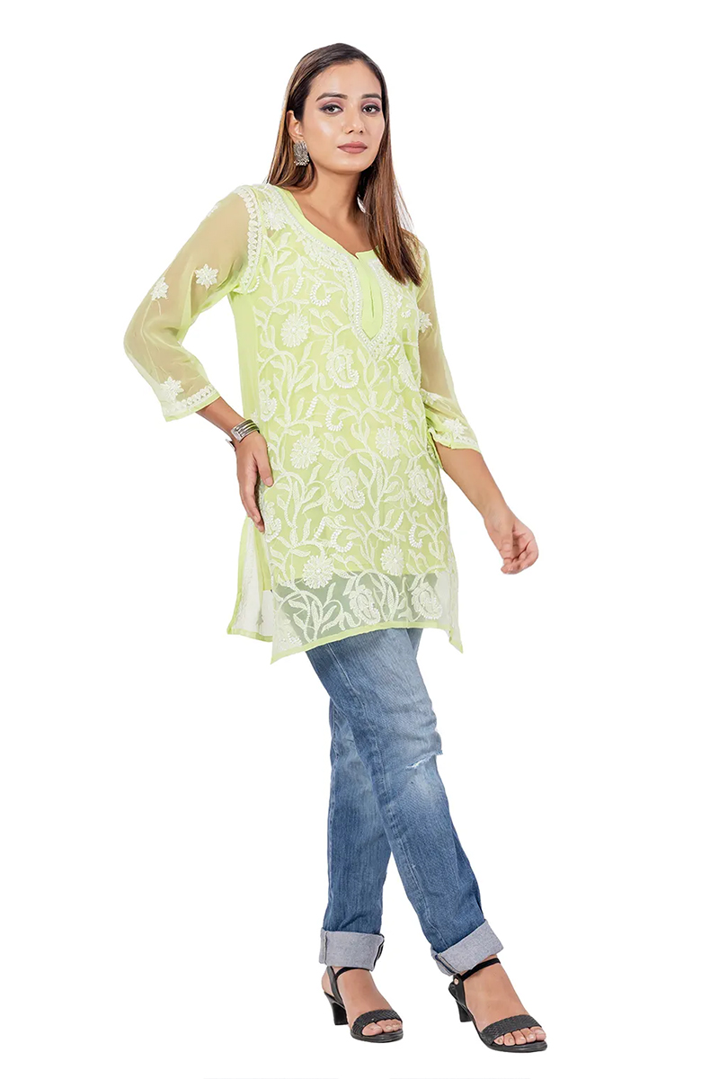 Lime Green Color Hand Embroidered Lucknowi Chikankari long kurti (Georgette) MC252460