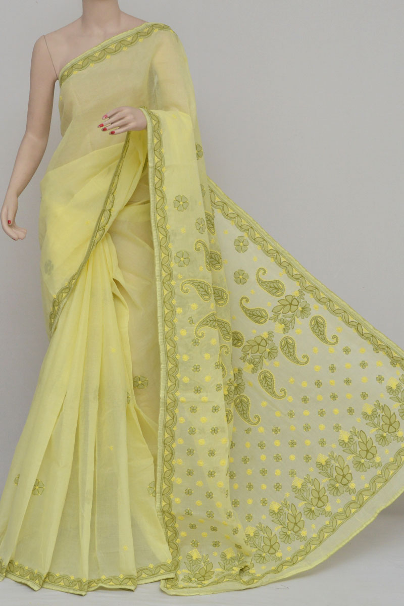 Lemon Yellow Kutchi Soft Georgette Embroidered Saree with Green Blouse| TST  | The Silk Trend