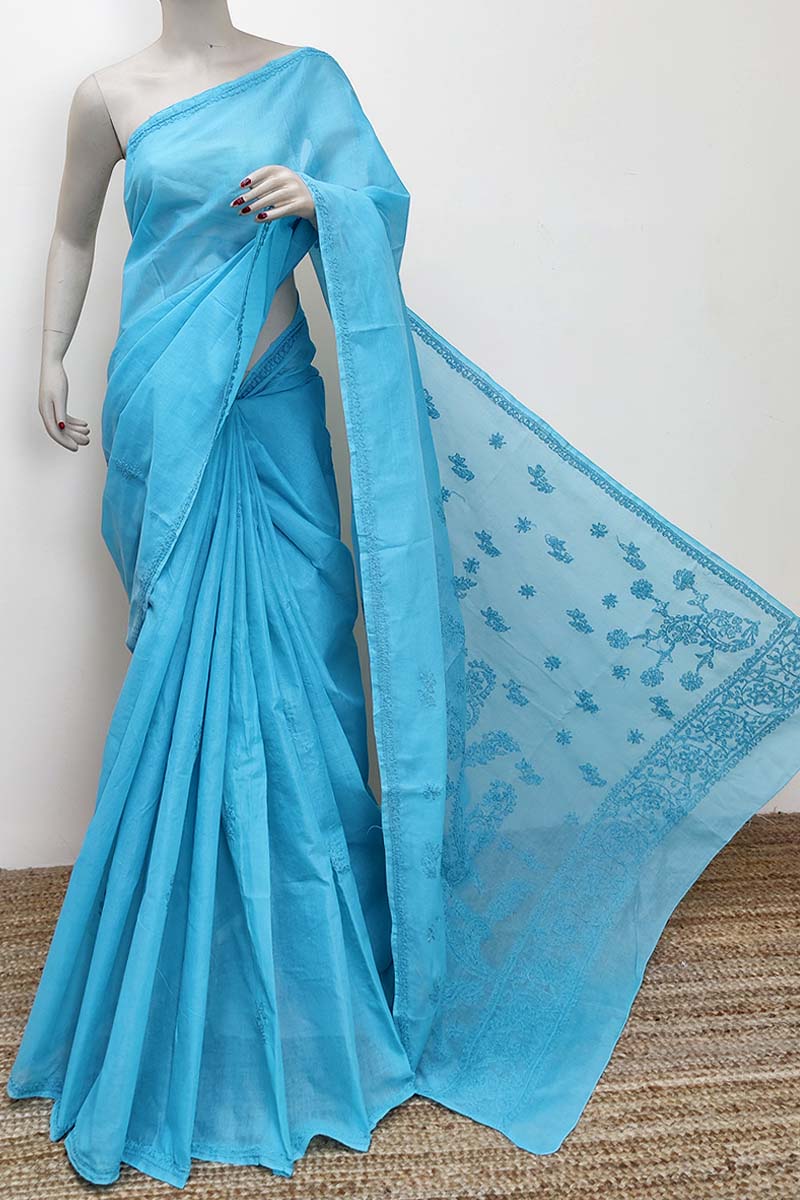 Blue Color Hand Embroidered Cotton Lucknowi Chikankari Saree (with Blouse) MC252863