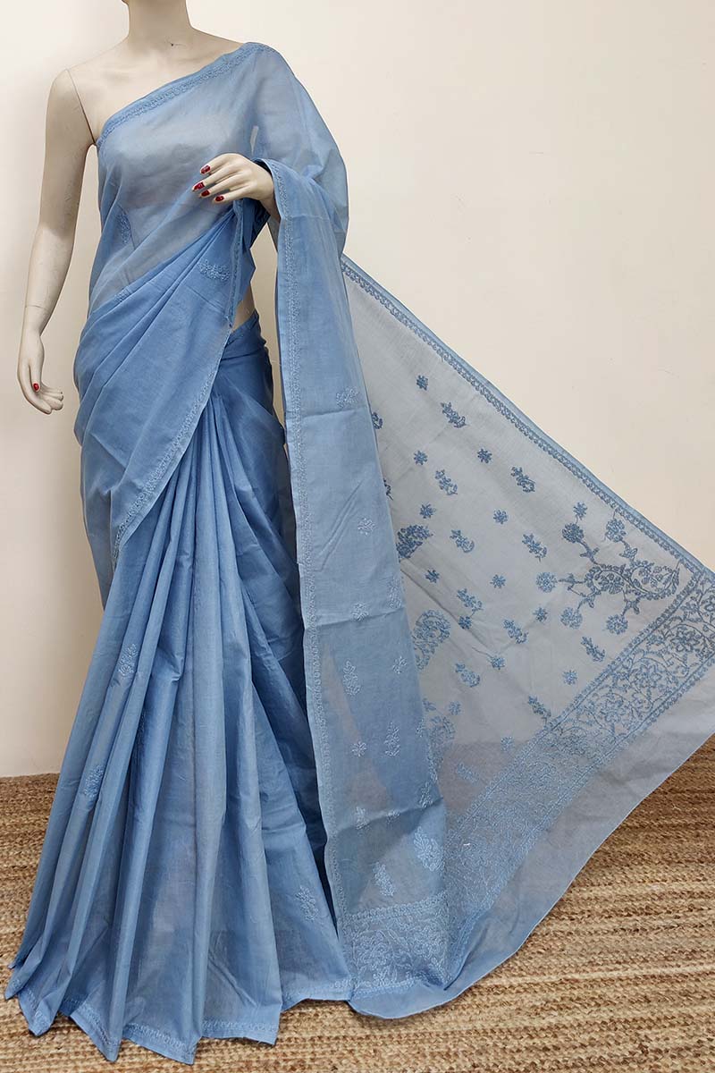 Grey Color Hand Embroidered Cotton Lucknowi Chikankari Saree (with Blouse) MC252864