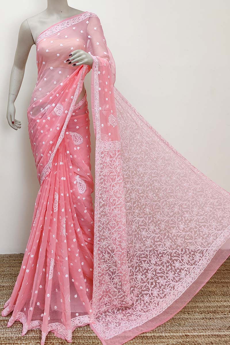 Peach color Allover booti jaal Hand Embroidered Lucknowi Chikankari Saree (With Blouse- Georgette) MC252867