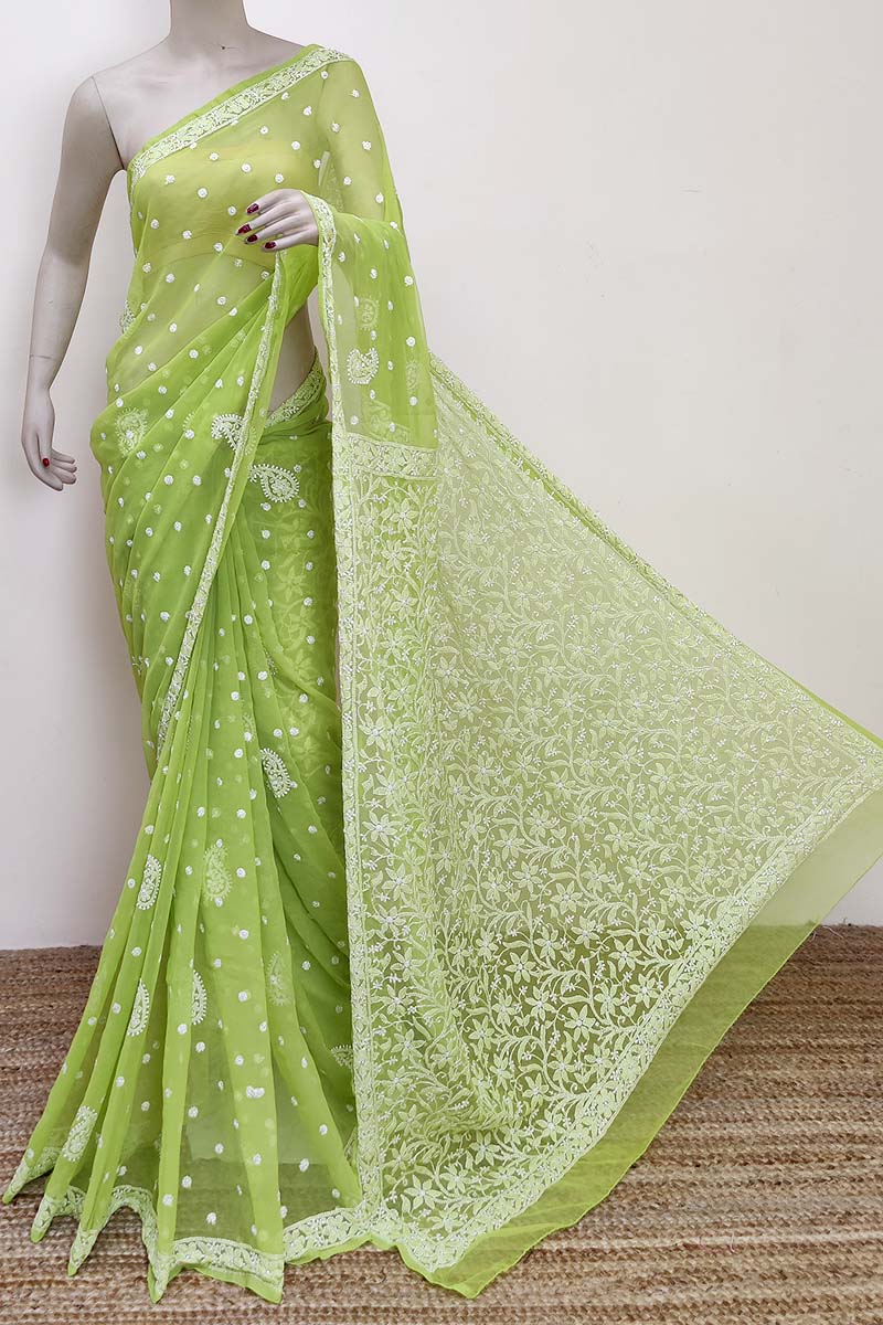 Green color Allover booti jaal Hand Embroidered Lucknowi Chikankari Saree (With Blouse- Georgette) MC252868